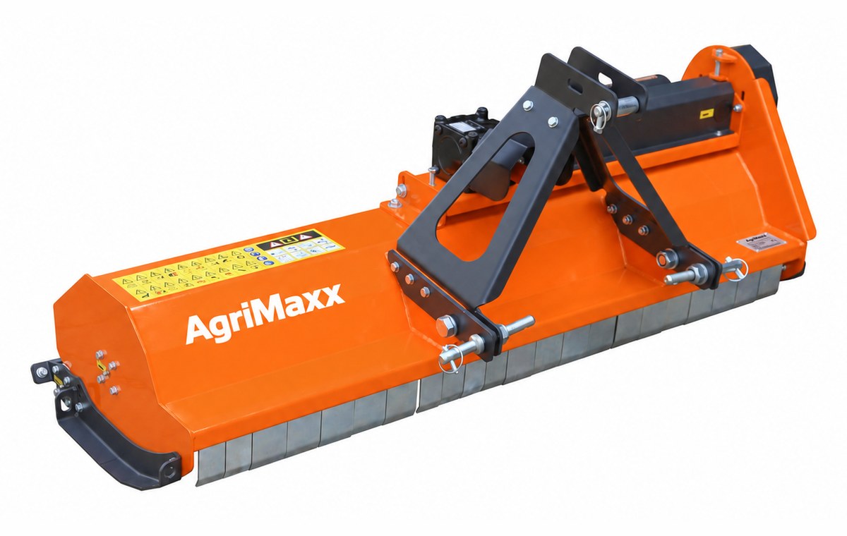 AgriMaxx LFS53 flail mower, front three-quarter view of the Category 1 top link and lower-link A-frame with the gearbox and safety-decal panel