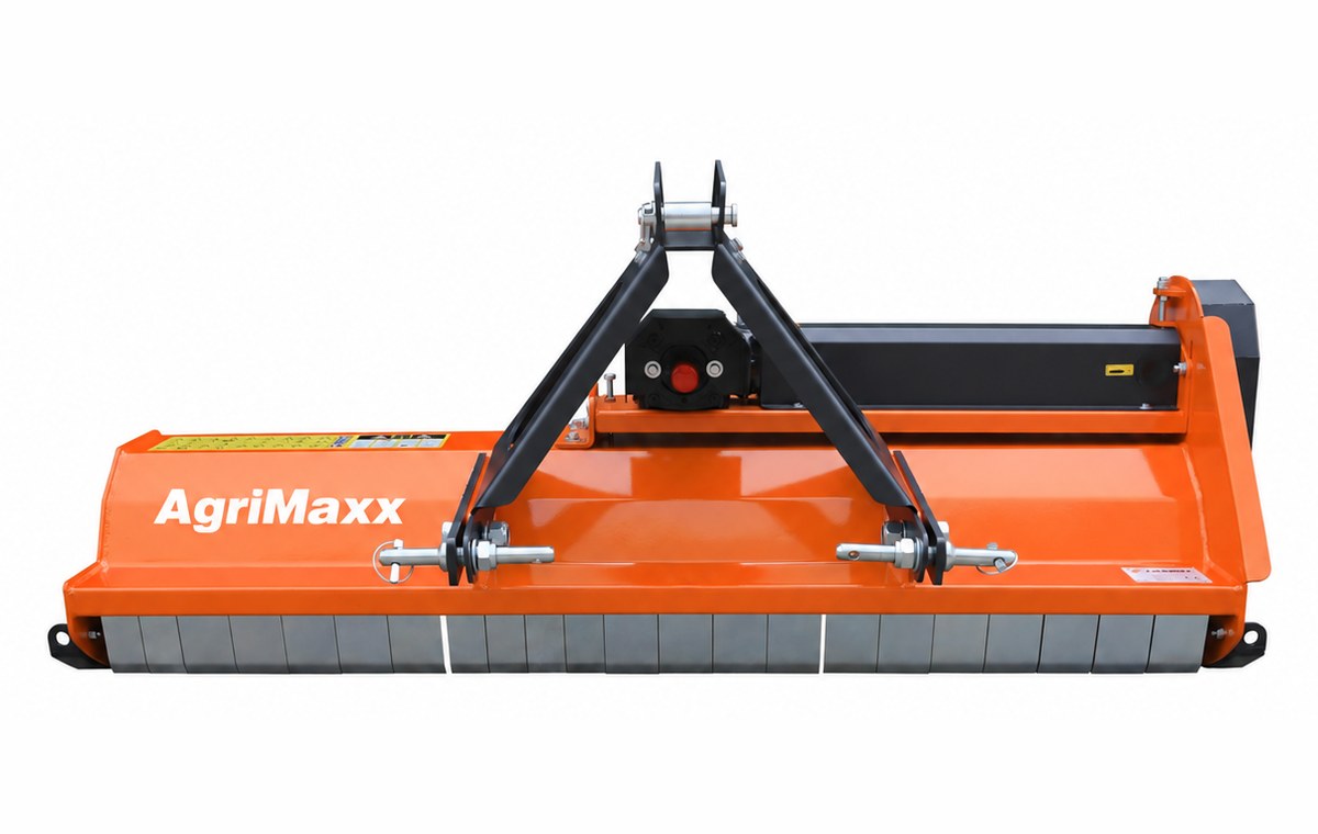 AgriMaxx LFS53 flail mower, front-on view of the 3-point linkage, gearbox and rear roller