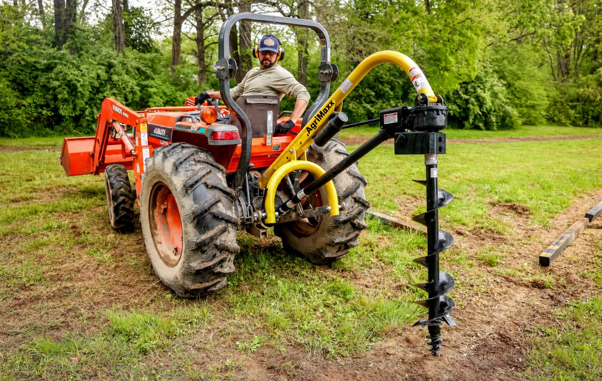 AgriMaxx PHD18 post hole digger mounted on the 3-point hitch of a compact tractor, boring a hole in an open field -- auger sold separately