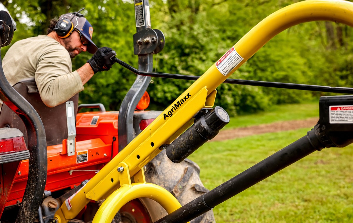 AgriMaxx PHD18 post hole digger, close view of the gearbox and mast mounted on a tractor's 3-point hitch