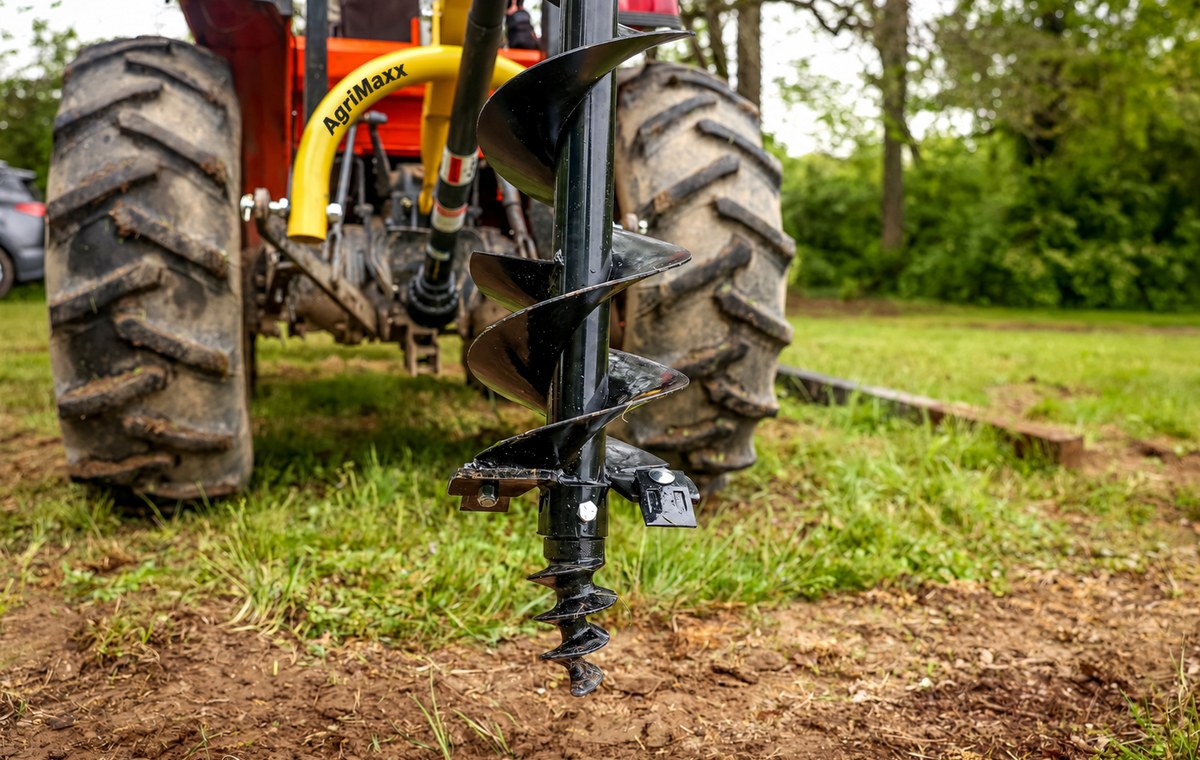 Auger bit turning into the ground behind a tractor fitted with the AgriMaxx PHD18 post hole digger -- auger sold separately, not included with the digger