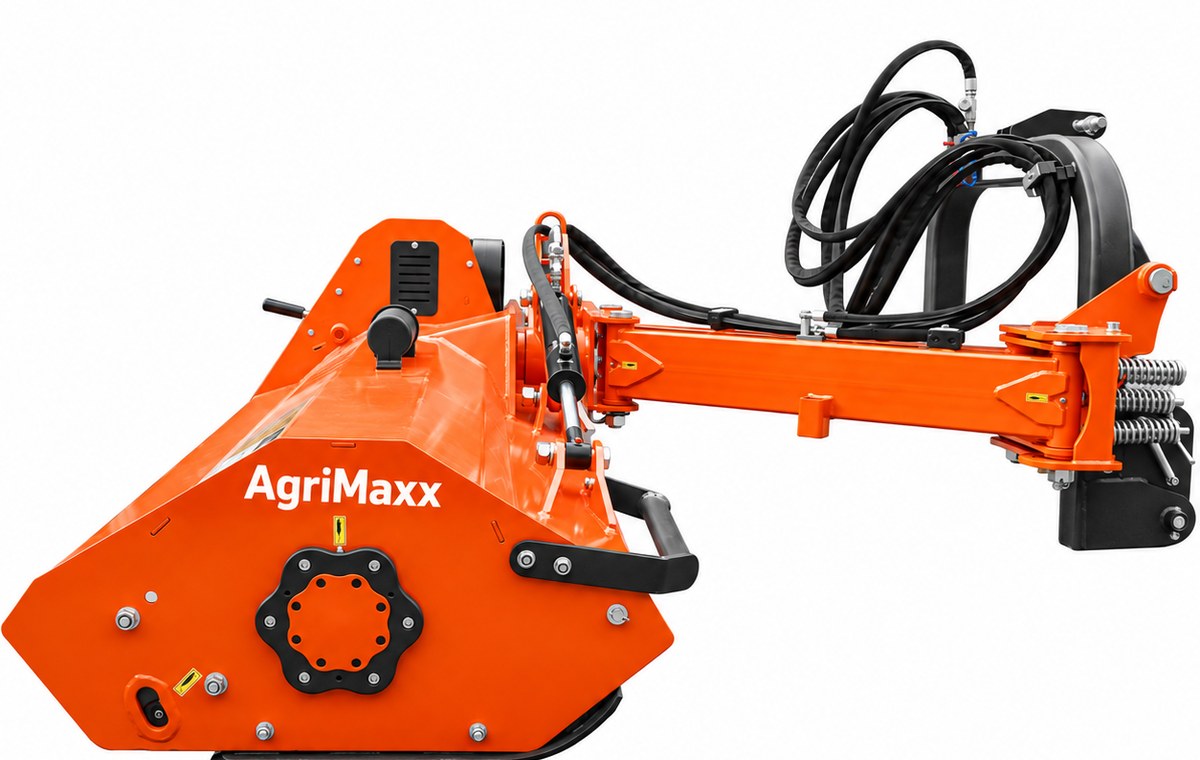 AgriMaxx VHF71 flail mower, close view of the cutting head end showing the PTO input gearbox and safety-decal panel