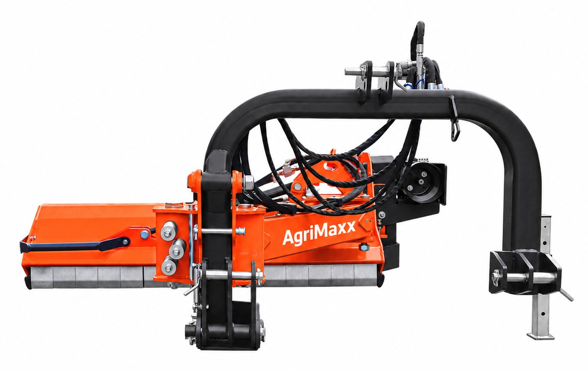 AgriMaxx VHF71 flail mower, full side profile with the hydraulic offset arm folded in for transport