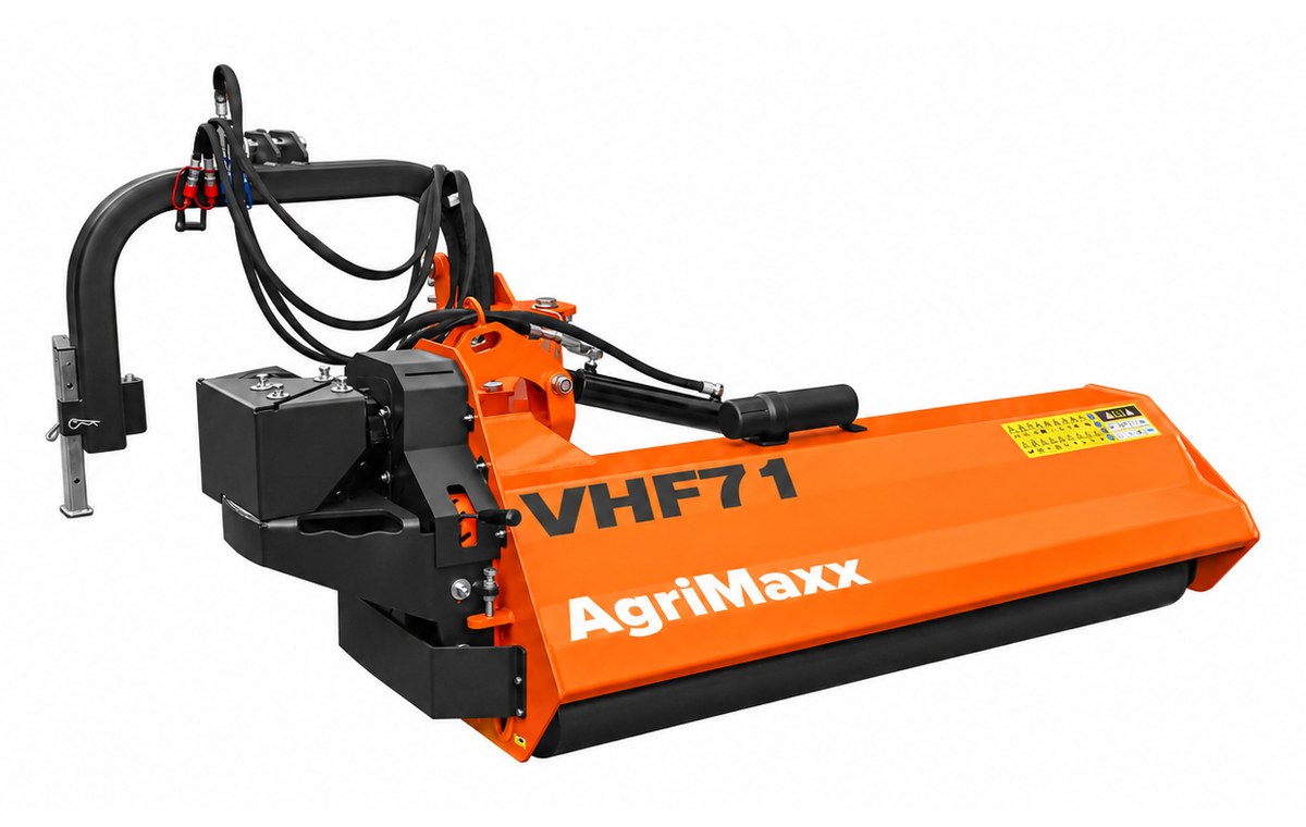 AgriMaxx VHF71 flail mower, close view of the 3-point hitch pins, hydraulic hoses and offset-arm pivot, with the support jack lowered