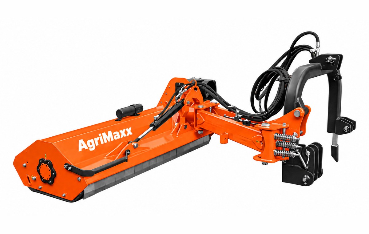 AgriMaxx VHF71 flail mower, rear three-quarter view of the cutting head housing with the offset arm extending back to the 3-point hitch