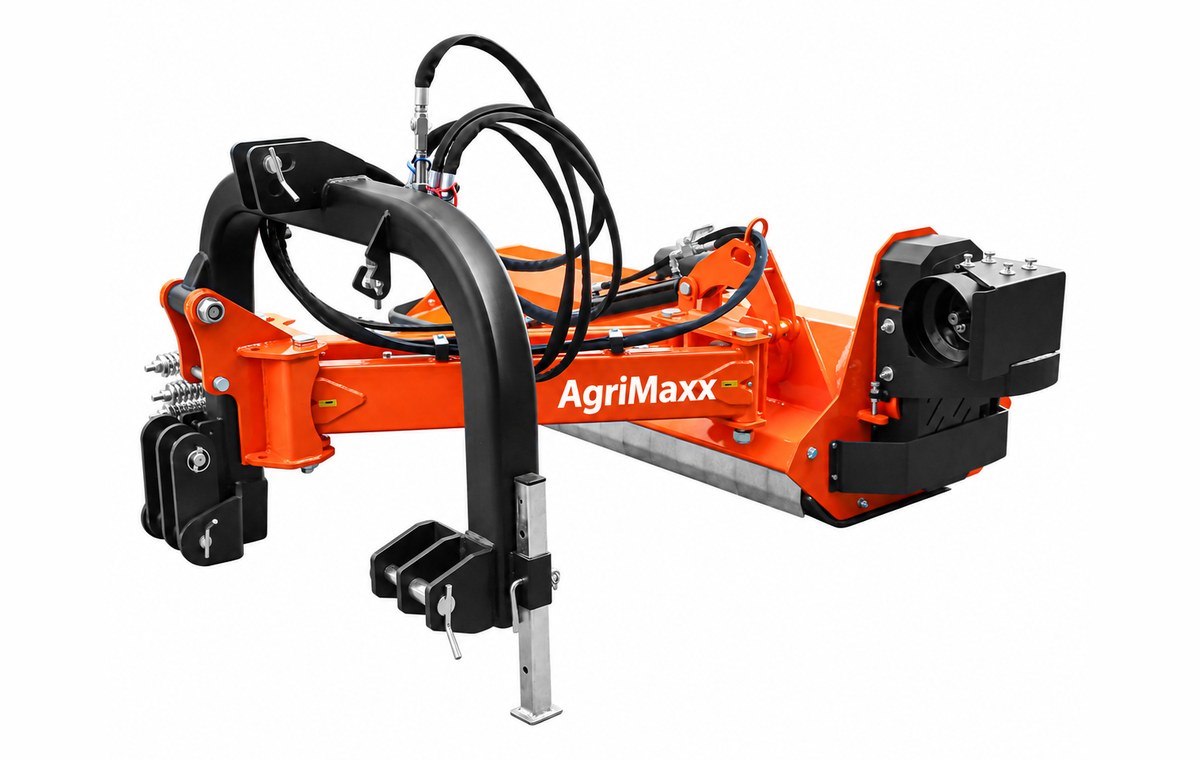 AgriMaxx VHF71 flail mower, close view of the gearbox, cutting head housing and skid shoe